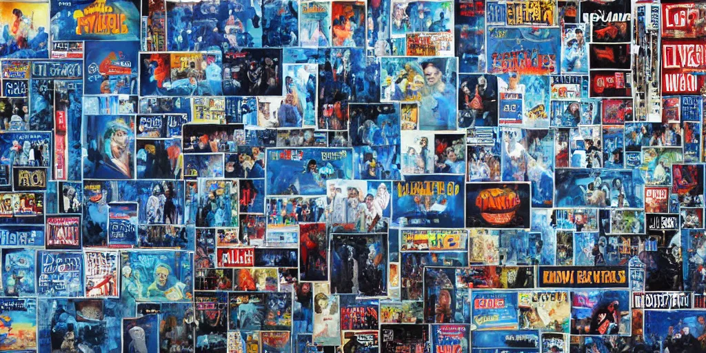 Prompt: oil painting of large overlapping tv show posters on a wall, blue, messy, highly detailed, stylized