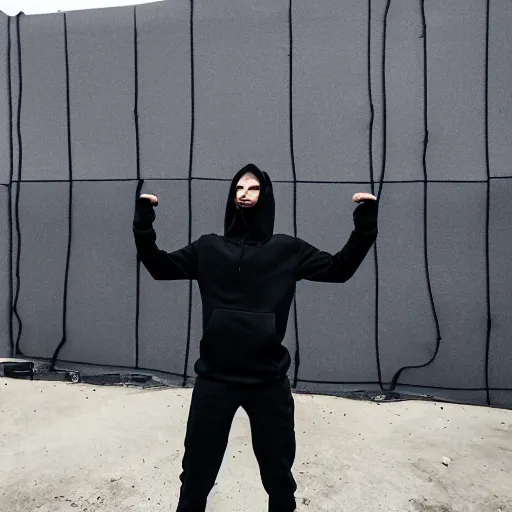 Image similar to photo of a dabbing man, in black hoodie and black pants, broad daylight in front of construction site barier wall