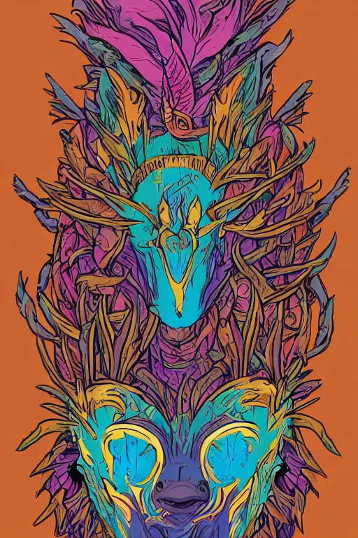 Image similar to animal mask totem roots flower tribal feather gemstone plant wood rock shaman vodoo video game vector cutout illustration vivid multicolor borderlands comics by josan gonzales and dan mumford radiating a glowing aura