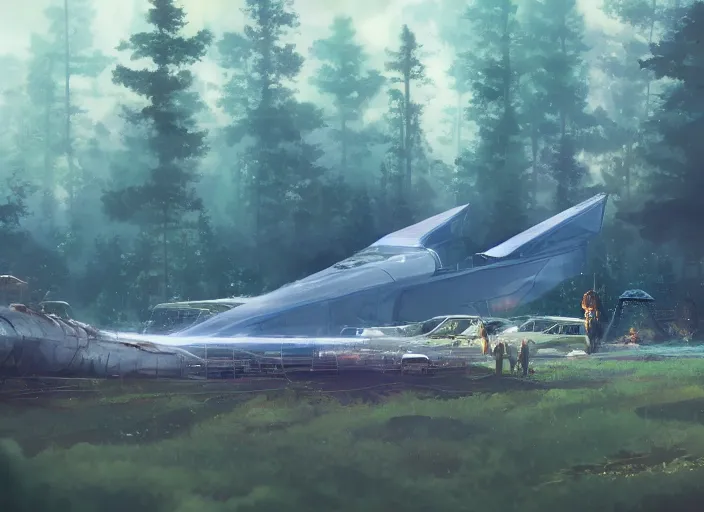 Image similar to a crash-landing sight of a big, tall, long, spaceship in a forest on the ground, smoke in the air, atmospheric lighting, debris on ground, smoke and small flame on ship. By Makoto Shinkai, Stanley Artgerm Lau, WLOP, Rossdraws, James Jean, Andrei Riabovitchev, Marc Simonetti, krenz cushart, Sakimichan, trending on ArtStation, digital art.