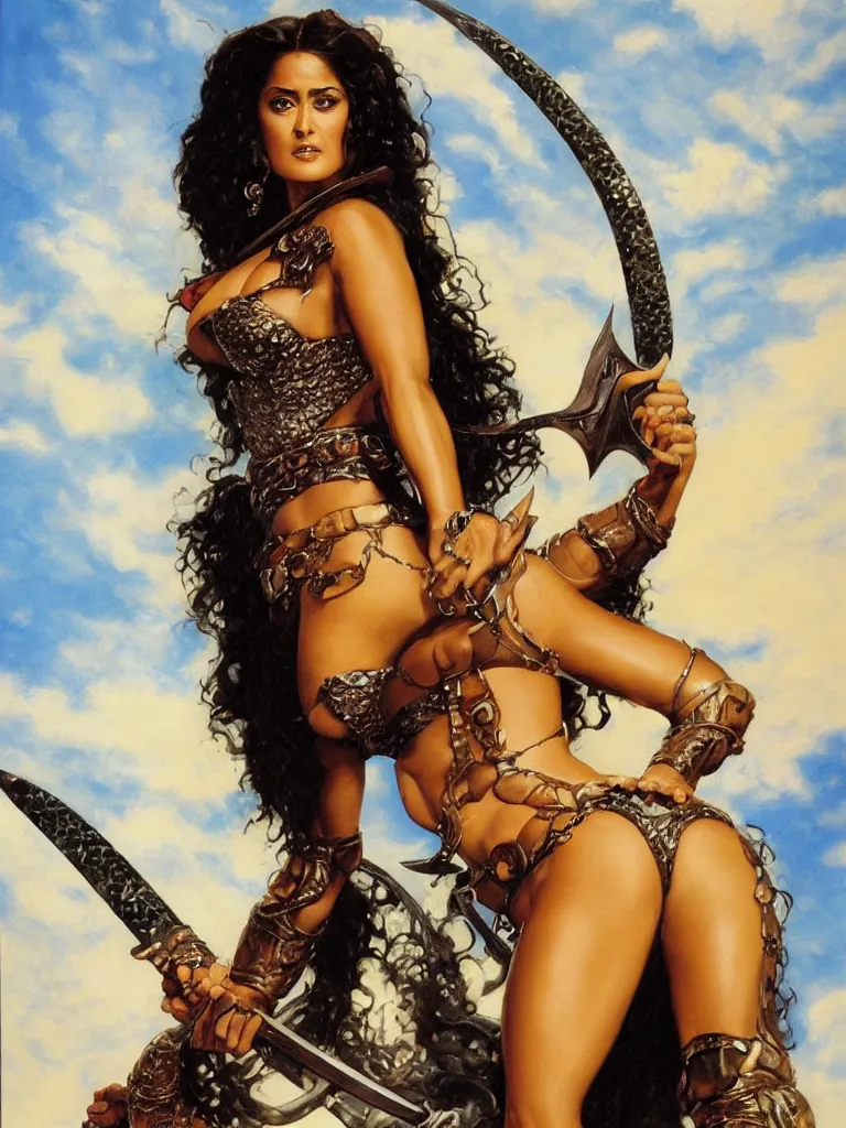 Prompt: A painting of Salma Hayek wearing a chainmail bikini and holding a sword ,by by Boris Vallejo , Julie Bell , Brom , Frank Frazetta ,Jeff Easley, cinematic, Norman Rockwell ,trending on artstation , rule of thirds ,HD 4k , focus face , body