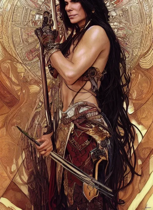 Image similar to Sandra Bullock as a beautiful warrior woman, fantasy, intricate, elegant, highly detailed, centered, digital painting, artstation, concept art, smooth, sharp focus, illustration, art by artgerm and donato giancola and alphonse mucha