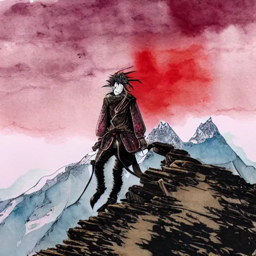 Image similar to painting of a lonesome warrior at the peak of himalayas, style of kentaro miura and conrad roset