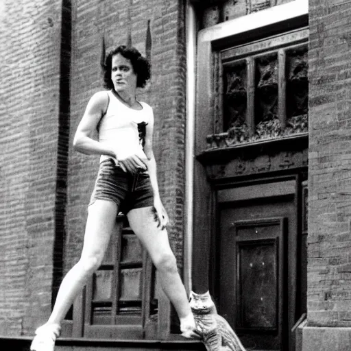 Prompt: detailed still of Ripley-Sigourney Weaver wearing a white singlet and cat Jonesy moving apartment New York City 1983, gothic building entrance way Art Deco, cinematic feel, high octane