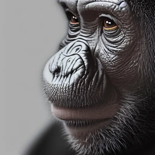 Image similar to a high detail shot of a chimp wearing a suit, smoking, render, cgsociety, photorealism