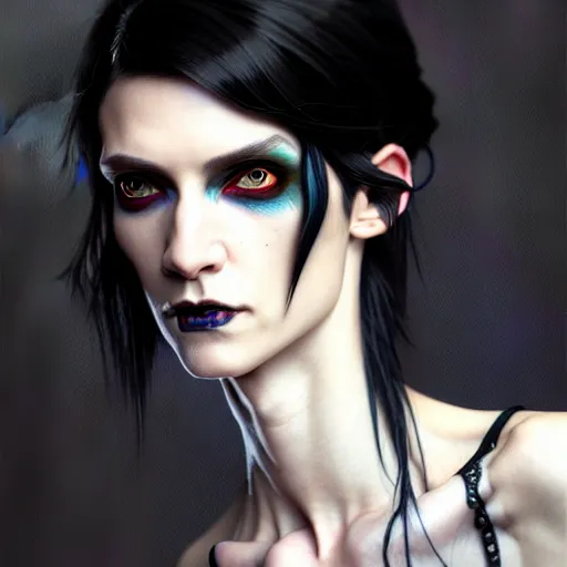 Image similar to portrait painting of an androgynous witch with shoulder length black hair pale skin and beautiful eyes wearing a punk clothes, ultra realistic, concept art, intricate details, eerie, highly detailed, photorealistic, octane render, 8 k, unreal engine. art by artgerm and greg rutkowski and magali villeneuve and alphonse mucha