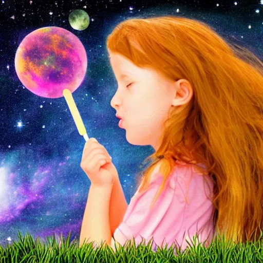 Prompt: a girl in a field holding a Popsicle made of hubble deep field space stars nebula distant galaxies ultra HD