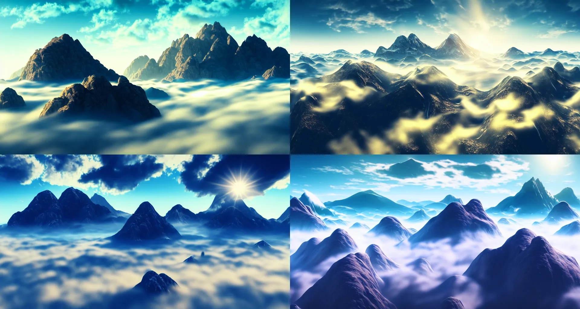 Prompt: highly detailed photo of some mountain peaks emerge from the sea of clouds, sunlit sky, super wide angle, deep focus, reduce saturation, hyper realistic, concept art, 8 k detail post - processing