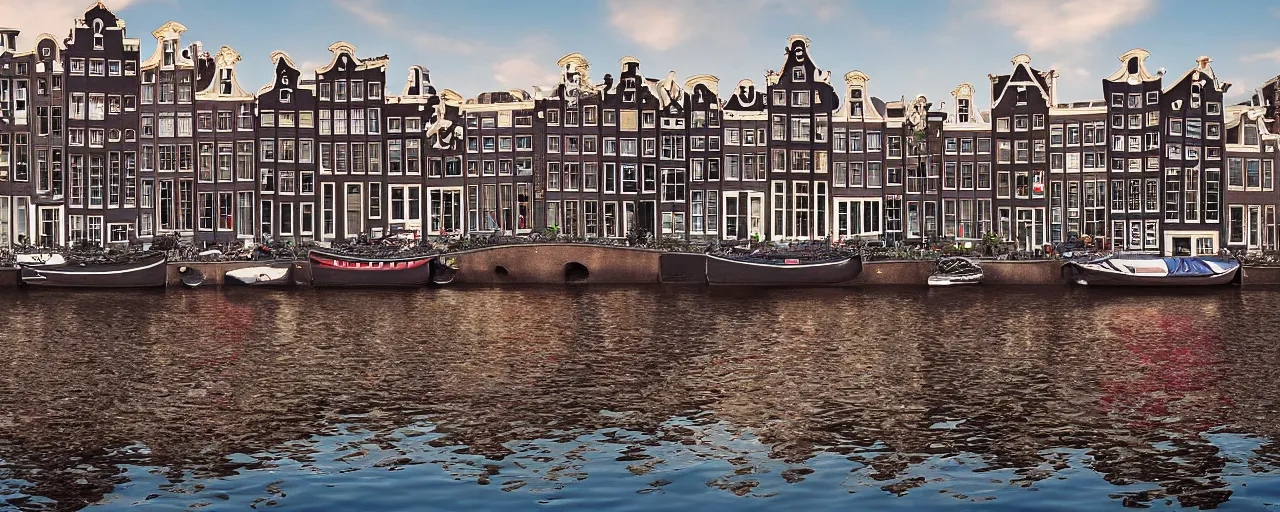 Image similar to view of houses in amsterdam, with water and boats, photography, 3 5 mm, hyper realistic, 8 k, unreal engine, illustration, happy cinematic sunrise lighting, tilt shift, crimson - black