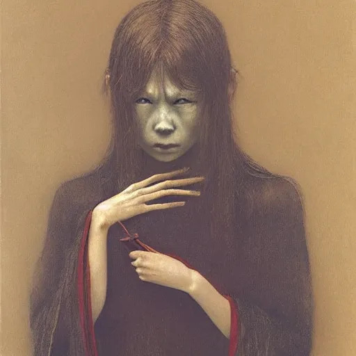 Image similar to style by millais, ( ( ( ( ( ( ( ( by beksinski ) ) ) ) ) ) ) ), portrait painting of victorian yokai, 8 k, highly detailed,