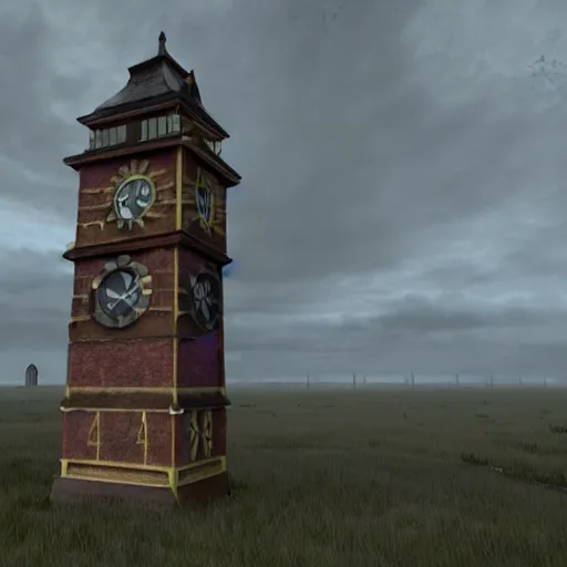 Image similar to An abandoned wacky clock tower based in the victorian period, the clouds are darky with gloomy lighting in unreal engine