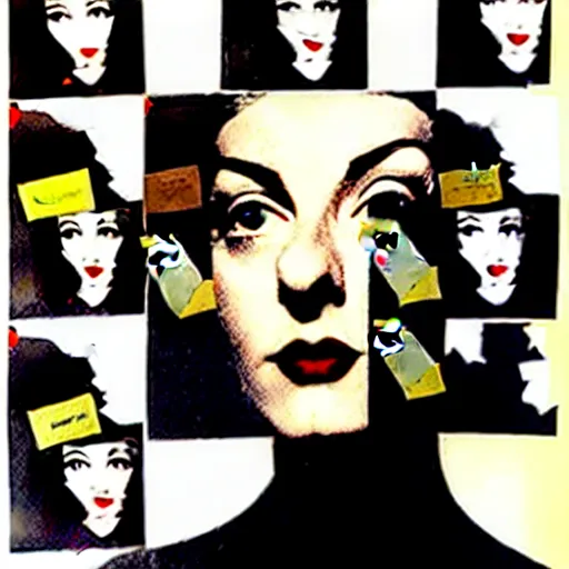 Image similar to a paper collage of a female, frontal portrait, kurt schwitters, richard hamilton, joe webb, chambliss giobbi, lynn skordal, derek gores, barbara kruger, jacques villegle.