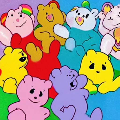 Prompt: appearance by the care bears in the moomin anime ( 1 9 8 2 ), pastel colours