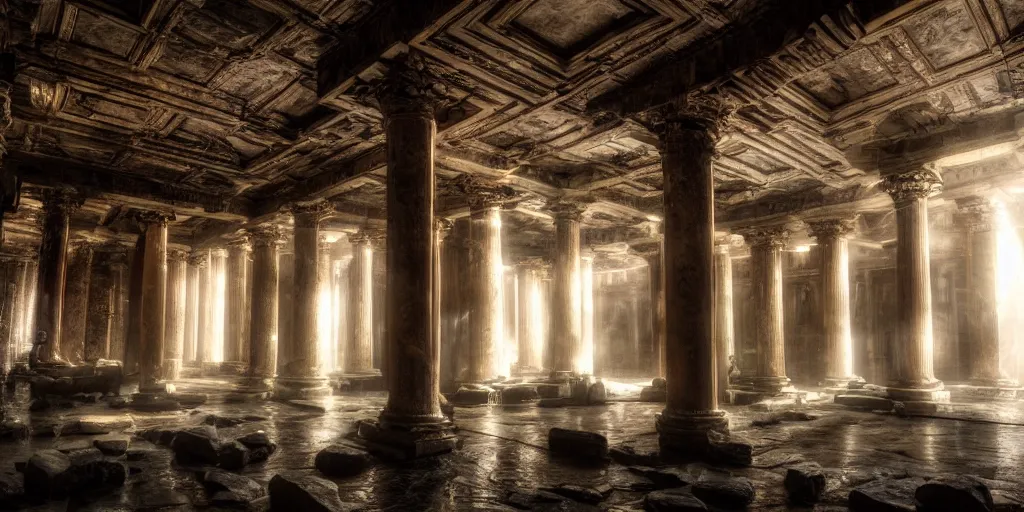 Prompt: a fantasy dwarven hall interior in the style of a waterfall cave, huge Greek columns, wet floors, high ceiling, dark moody lighting, foggy atmosphere, god rays, bright colors, photo by Denis Villeneuve, low angle view