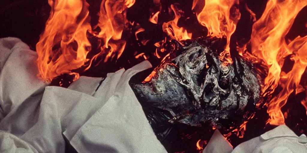 Image similar to filmic closeup dutch angle movie still 4k UHD 35mm film color photograph of 3 doctors burning alive inside of a science lab, melted and charred flesh, screaming in agony, in the style of a 1980s horror film