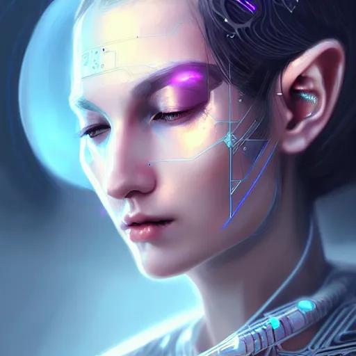 Image similar to cyberpunk robotic elvish queen, diadem on the head, extremely detailed, hyperrealistic, intricate, soft light, fantasy, digital painting, art station, perfect faces, fine details, by wlop