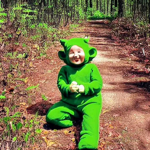 Prompt: trailcam footage of the green teletubbie