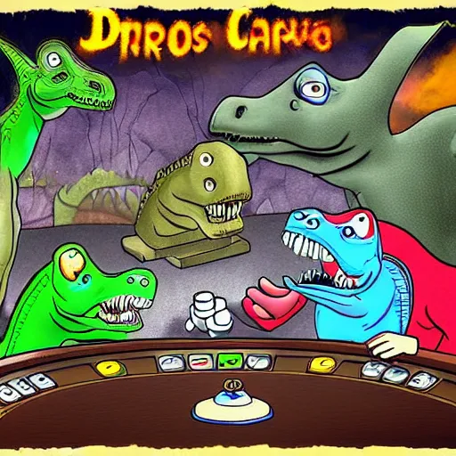 Image similar to Dinosaurs playing poker at the prehistoric dawn cave casino drawn with a left hand.