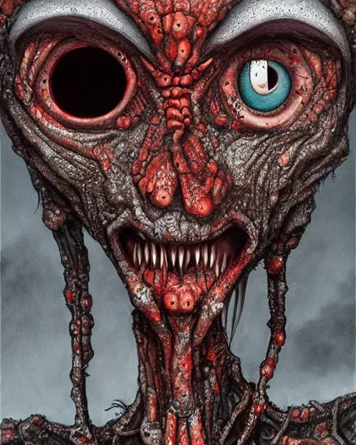 Image similar to Haunting horrifying hyperrealistic detailed painting of a tall slim spider extraterrestrial creature made of concrete stone brick, covered in, heavy metal, disgusting, creepy, unsettling, and bloodshot eyeballs, hyper detailed, trending on Artstation