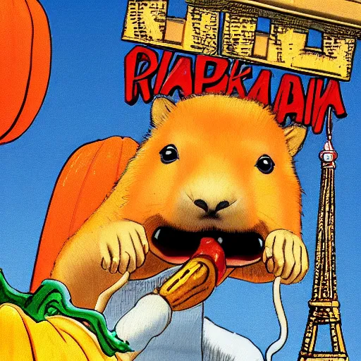 Prompt: capybara, akira style, wearing a headband, eating a pumpkin on top of the eiffel tower