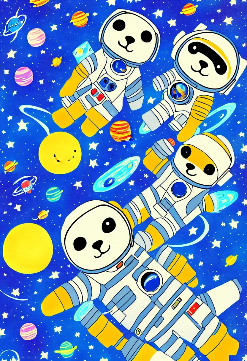 Image similar to childrens storybook cover, gauche painting, a single cute otter astronaut in a space suit floating in outer space. otter space