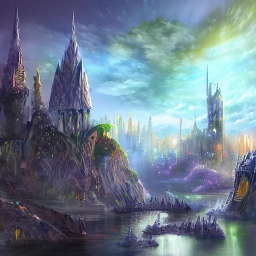Prompt: digital painting of fantasy city, sci-fantasy