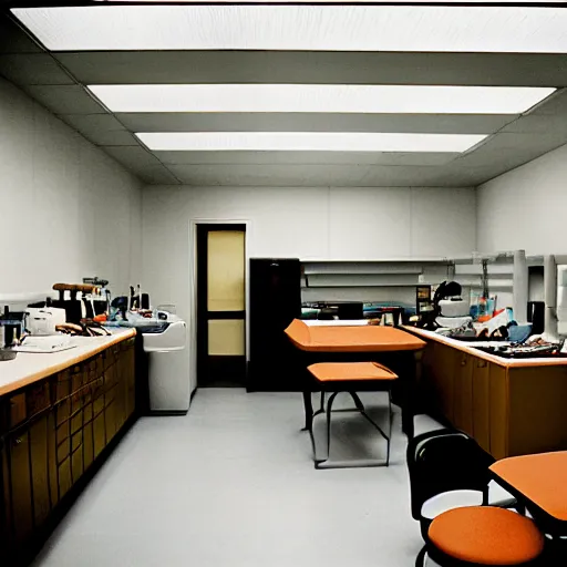 Image similar to noisy color photograph of a break room, laboratory, dark corners, minimalist, cinematic, soft vintage glow