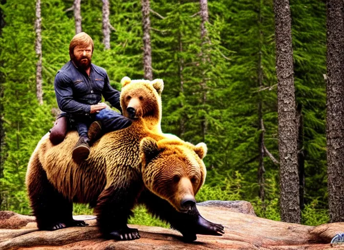 Prompt: photo of chuck norris riding his grizzly bear, in the forest. fantasy magic style. highly detailed 8 k. intricate. nikon d 8 5 0 5 5 mm. award winning photography.