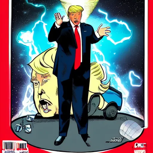 Prompt: psychic donald trump telepathically declassifying a nuclear document, marvel comics magazine cover