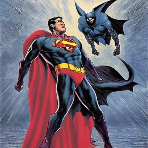 Prompt: batman fighting squid monsters, superman flying, by Wayne Barlowe