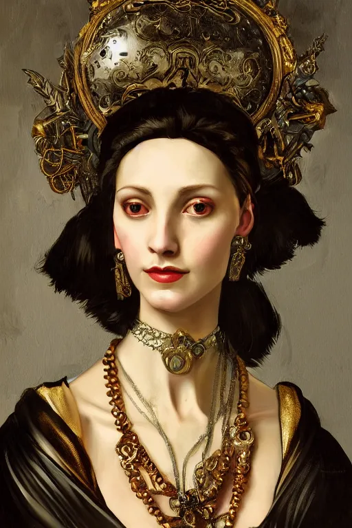 Image similar to portrait, headshot, digital painting, of a 17th century, beautiful automaton cyborg merchant girl, Borgia, dark hair, amber jewels, baroque, ornate clothing, scifi, futuristic, realistic, hyperdetailed, underexposed, chiaroscuro, concept art, art by waterhouse and caravaggio