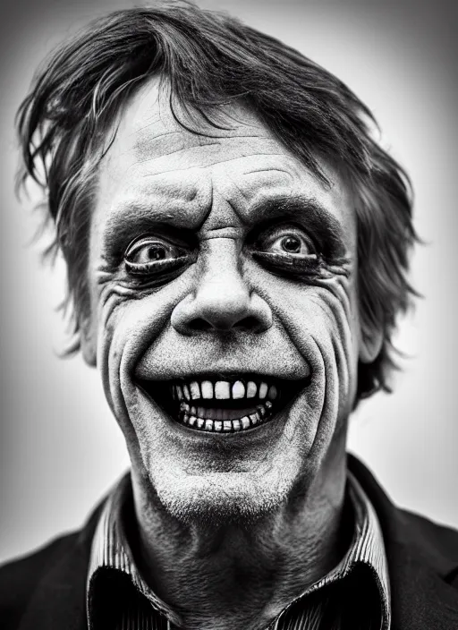 Prompt: photo of Mark Hamill as the Joker by Lee Jeffries, big smile, detailed, award winning, Sony a7R