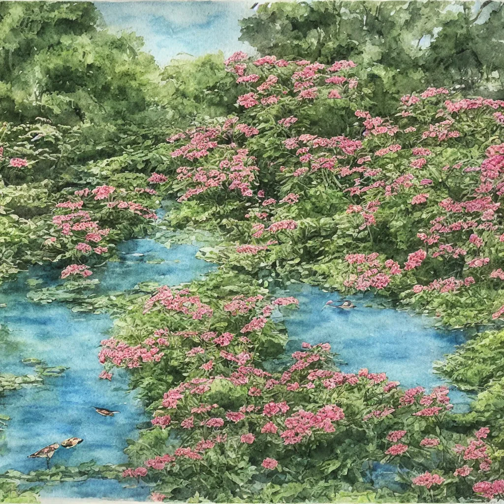 Image similar to isomeric view, delicate lake in a botanic garden, garden road, sparrows, temple in a botanical herbarium paper, watercolor colored painting, iridescent colors, 8 k, realistic shaded, fine details, artstation, italian style, colonnade, flowers, architecture, roma