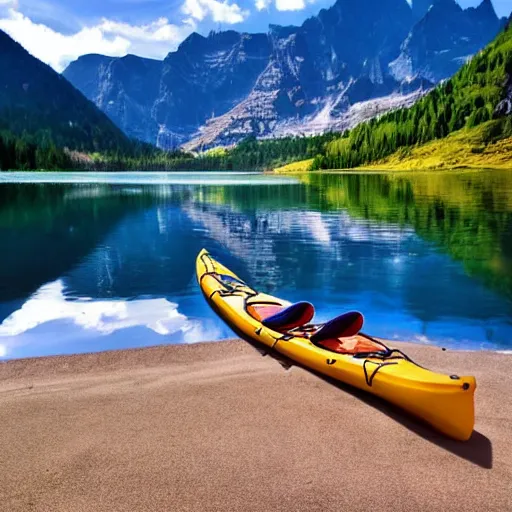 Image similar to a beautiful image of a breathtaking lake with amazing mountains in the background, there is a kayak in the foreground on the beach, landscape