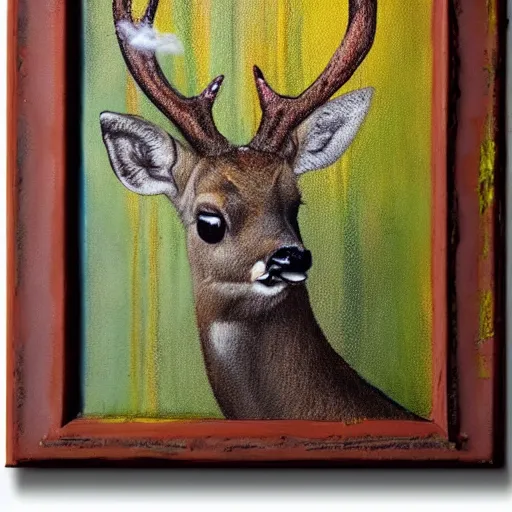 Image similar to deer with a cigarette in its mouth and thick smoke coming out of the cigarette, abstract, thick paint, painterly, brown and green palette, dripping paint