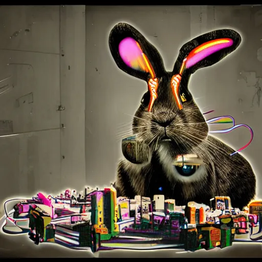 Prompt: cyberpunk time traveling rabbit made by banksy