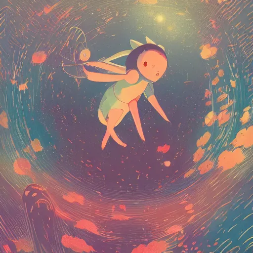 Image similar to A rabbit full of hope, looking for a black hole in an infinite time loop by Victo Ngai and Ghibli andlisk feng and atey ghailan