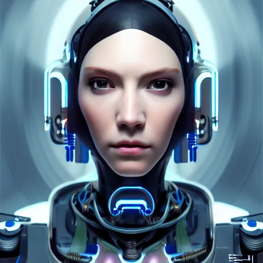 Image similar to centered portrait of an ultra detailed Mechanical Cyberpunk Female Android, looking into the camera!!, intricate, elegant, super highly detailed, professional digital painting, artstation, concept art, smooth, sharp focus, no blur, no dof, extreme illustration, Unreal Engine 5, Photorealism, 8k, cinematic, art by artgerm and greg rutkowski and alphonse mucha and loish and WLOP