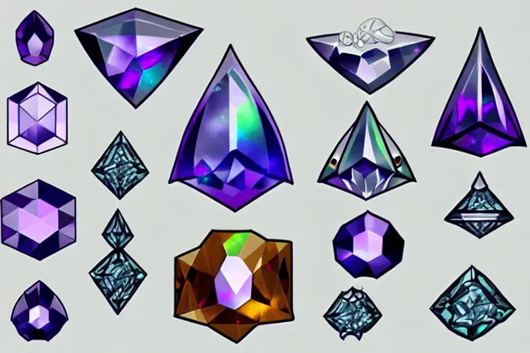 Image similar to design sheet of various magic gems and crystals, prismatic