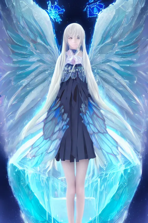 Image similar to anime young girl in school uniform with intricate ice blue crystal fractal wings sitting on an ice throne, wlop, concept art, digital painting, trending on artstation, highly detailed, epic composition, 8 k uhd