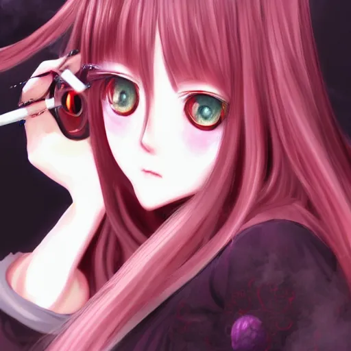 Prompt: red-eyed beautiful shoggoth anime girl smoking a cigarette deviantart by amano yoshitaka hyperreality hd detailed