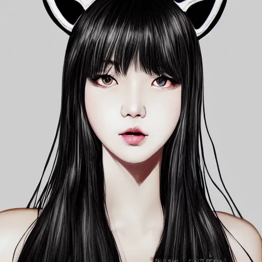 Image similar to realistic detailed semirealism beautiful gorgeous natural cute Blackpink Lalisa Manoban black hair black cat ears, wearing white camisole outfit, headphones, black leather choker artwork drawn full HD 4K high resolution quality artstyle professional artists WLOP, Aztodio, Taejune Kim, Guweiz, Pixiv, Instagram, Artstation