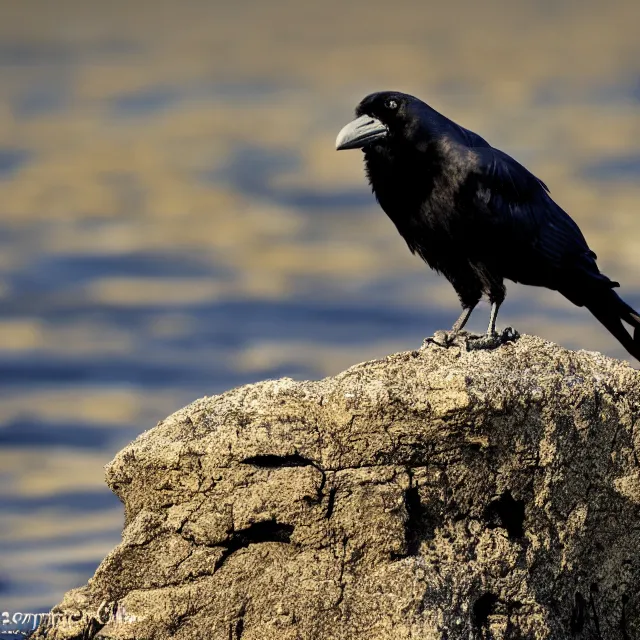 Prompt: crow on a rock, nature photography, wildlife photography canon, sony, nikon, olympus, 4 k, hd, telephoto, award winning, depth of field, golden hour