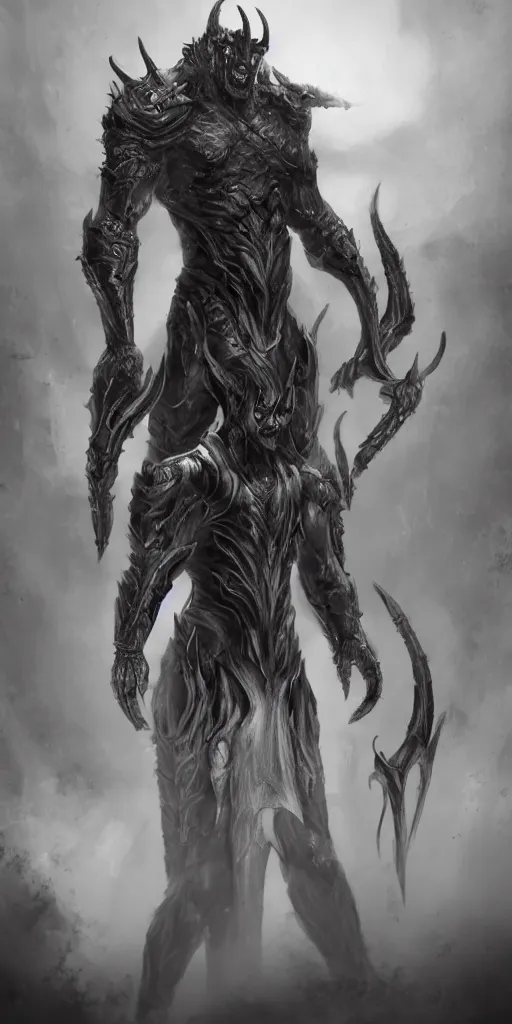 Prompt: a great demon who is standing before the giant gods, character design, Dark fantasy, unreal engine 5, realistic, sci-fi, trending on art station,-n4