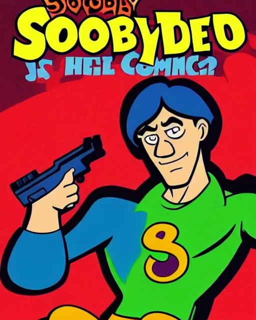 Image similar to scooby doo holding a gun as comic cover art, full body scooby doo, symmetrical eyes, beautiful, rim lighting, vivid colors, no text