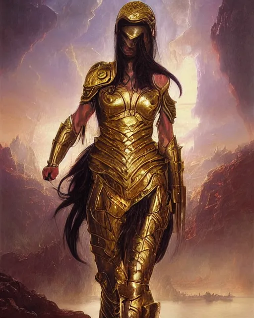 Image similar to beautiful female warrior, half body portrait, long flowing hair, heavy gold armour, realistic oil painting by thomas cole and wayne barlowe