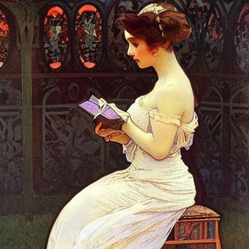 Image similar to young victorian woman in ball gown, reading, painted by alphonse mucha