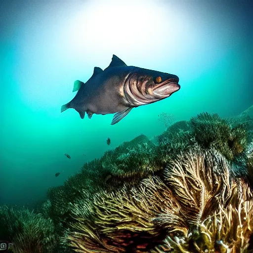 Image similar to incredibly detailed atlantic cod, wide angle shot, backlit, very realistic, underwater, beautiful photo, national geographical, underwater photography, gopro,