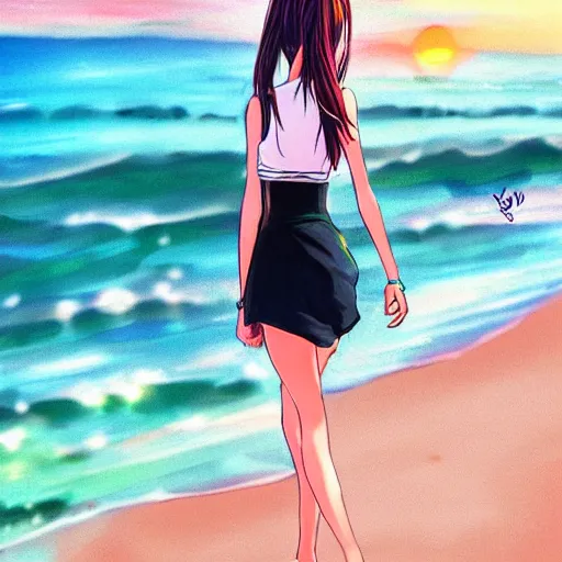 Prompt: Beautiful woman walking on a beach, anime art style inspired, high quality, trending, sunset