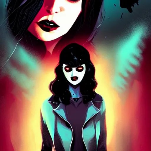 Prompt: Rafael Albuquerque comic cover art, loish, Lois Van Baarle, pretty female Samara Weaving vampire, very sharp fangs blood on face face, sarcastic smile, symmetrical eyes, symmetrical face, brown leather jacket, jeans, long black hair, middle shot, highly saturated, deep blacks